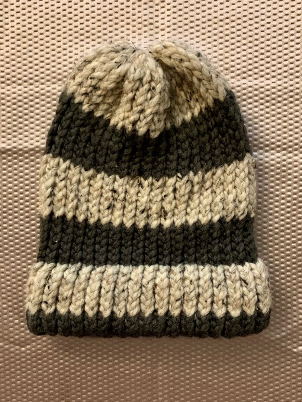 Charcoal Gray Oatmeal Striped Chunky Knit Cuffed Beanie